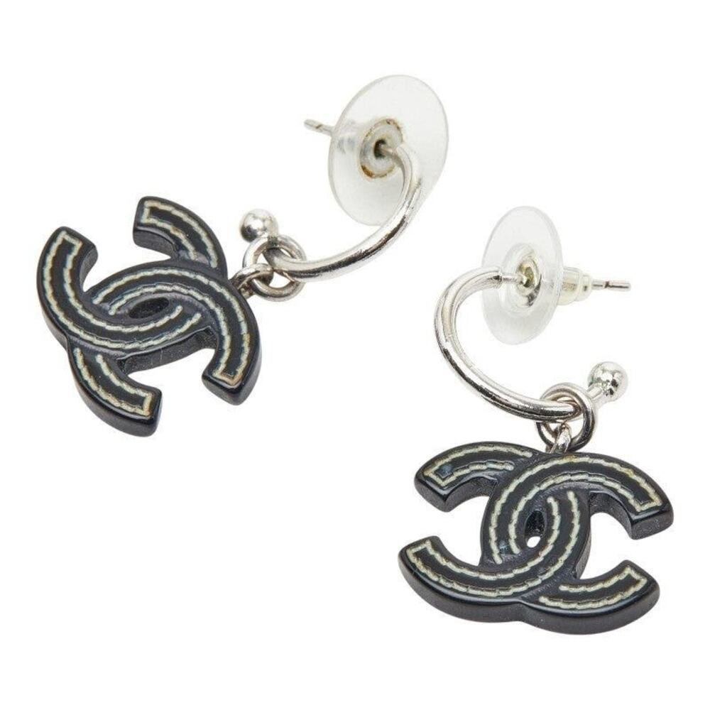 Chanel CC Logo Pierced Earrings Metal Plastic Silver